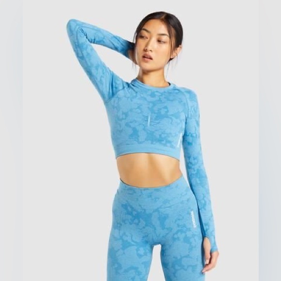 Gymshark Adapt Camo Seamless Long Sleeve Crop Top - Blue - Picture 1 of 4